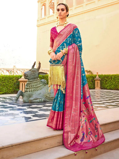 Awesome Blue Foil Printed Silk Festival Wear Saree With Blouse